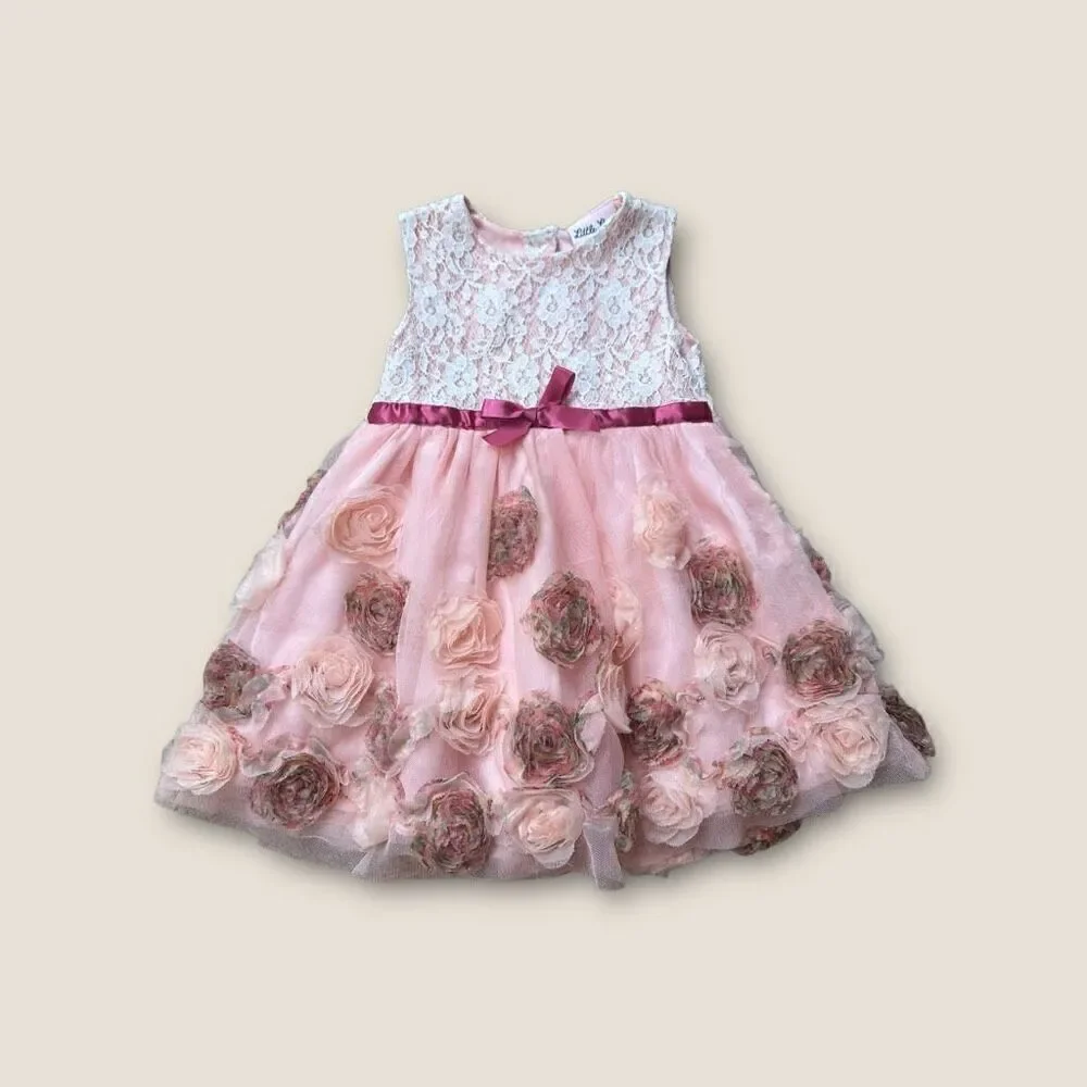 Little Lass Pink Lace-Accent Rosette-Skirt A-Line Dress‎